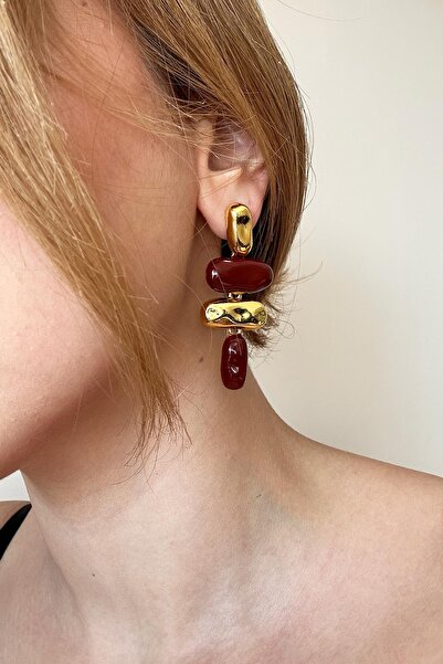 New Obsessions Ruby Glow Altın Bordo Detay Küpe