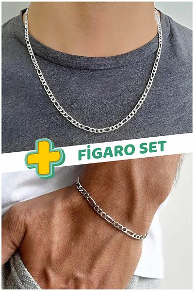 The Collection Unisex Tarnish Stainless Guaranteed Figaro Steel Necklace Bracelet Set