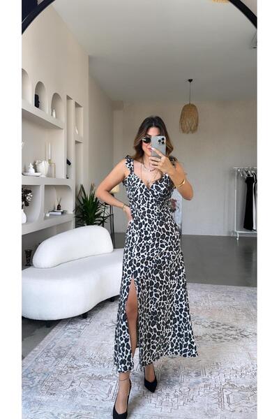 Buket Teke Rochie cu mâneci cu volane și fante leopard