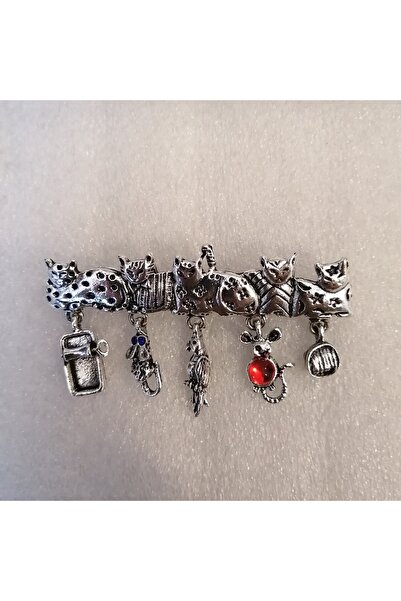 Butik Tülin Unisex otantik gümüş metal yan yana sıralı oturan beş kedi sallan...