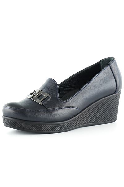 Erkan Saçmacı Dafne Navy Blue Γνήσιο Δερμάτινο Πόρπη με στρογγυλά δάχτυλα με τακούνι casual παπούτσια