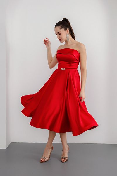 Lafaba Rochie de seara de dama rosie fara bretele cu decolteu cu strasuri cu centura din satin