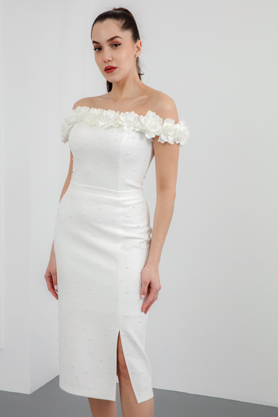 Lafaba Kadın Beyaz Yakası Çiçekli İncili Söz Nişan Nikah Abiye Elbise