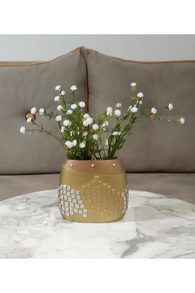 STOREMAX MUARTSHOP Περιλαμβάνεται, Λευκό Τεχνητό Λουλούδι, Διακοσμητικό Χρυσό Μωσαϊκό Πολυρεσίνη Βάζο 10x15x5cm 871301