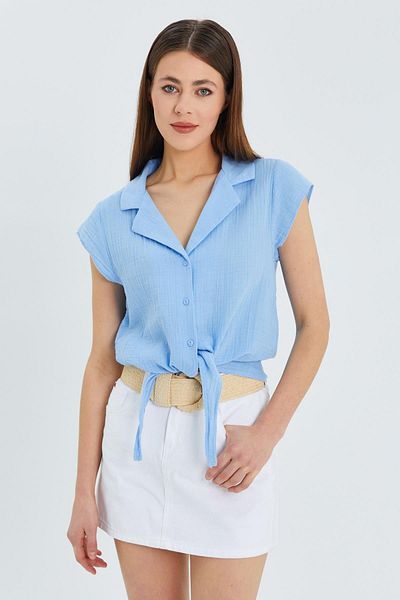 Mixray Cămașă Crop din muselină model 4555 - Femei, cu cravată în față, Baby Blue