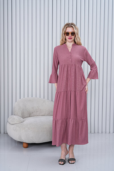 Miss Dünya Lissa Γυναικείο φόρεμα με γιακά Judge με κουμπιά μακριά υφαντά