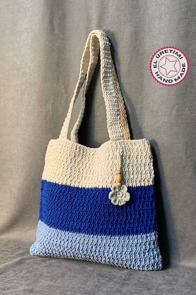 Uretti - Geantă de umăr Emine 9106 tricotată manual cu flori albastre - crem