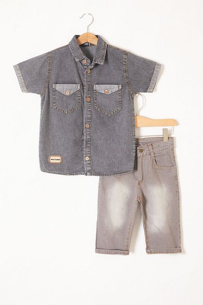 Cansın Mini Boys' Jeans Suit with Smoked Short Sleeve Shirt and Shorts 19214