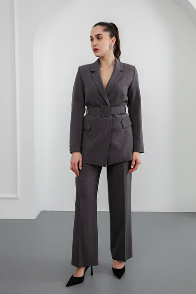 Lafaba Női szürke öves kabát nadrág szett