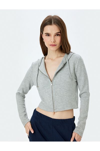 Koton Hooded Zippered Crop Sweatshirt