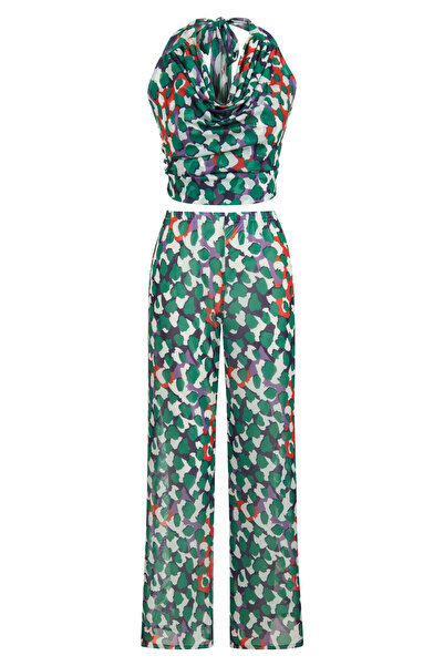 AQUELLA Tül Yeşil Kamuflaj Desen Crop Top-Pantolon Takım