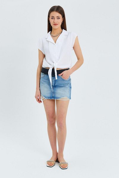 Mixray 4555 Model White Muslin Crop πουκάμισο - Γυναικείο, με γραβάτα μπροστά