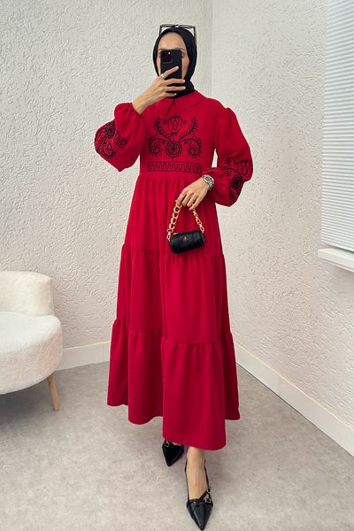 Salih Çelebi Red Embroidered Layered Dress - 2224