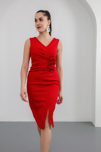 Lafaba Women's Red Flower Detailed Promise Engagement Wedding Evening Dress