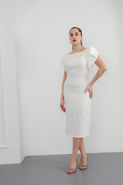 Lafaba Women's White Balloon Sleeve Midi Dress