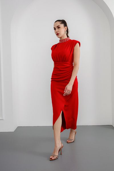 Lafaba Women's Red Neckline Stoned Midi Evening Dress