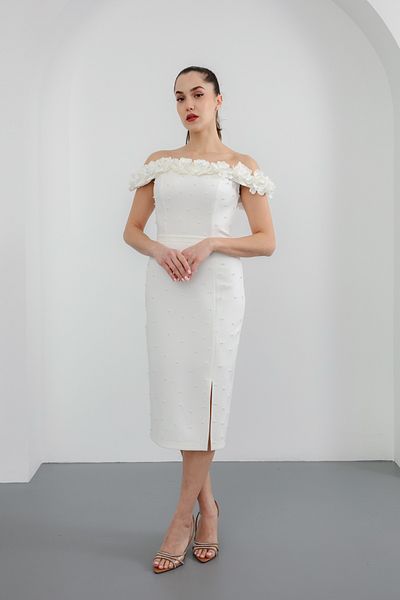 Lafaba Women's White Collar Floral Pearls Promise Engagement Wedding Evening Dress