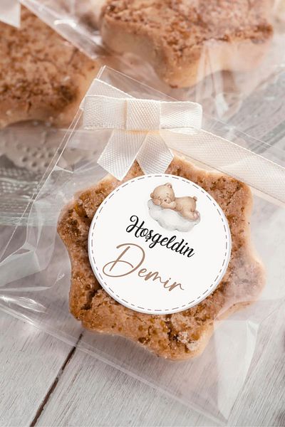 Piksel Grafik 4X4Cm 96 Pieces Sleepy Bear Baby Tag - Baby Shower and Birthday Welcome Tag