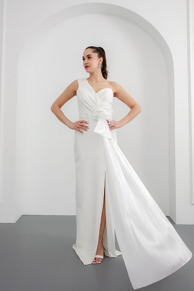 Lafaba Women's White One Sleeve Rose Detailed Slit Long Evening Dress