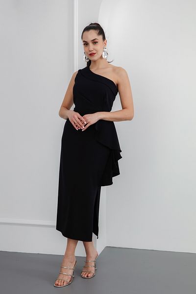 Lafaba Rochie midi neagră cu volane, cu un singur umăr