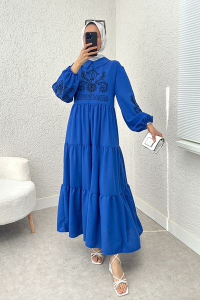 Salih Çelebi 2224 Μοντέλο Κεντητό Φόρεμα στρώματος - Saks Blue