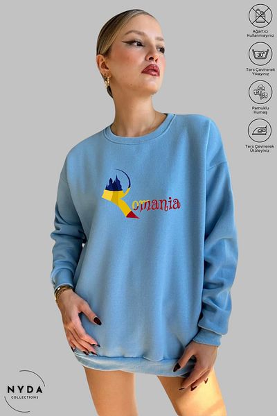 Nyda Collections Hanorac oversize unisex cu mânecă lungă, cu imprimeu România, cu gâtul turn, fără glugă