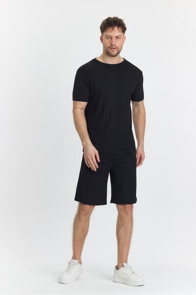 TRENDHİLL Black Men's Striped Polycotton T-Shirt and Shorts Set 5734-S