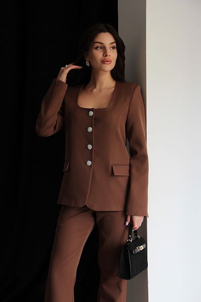 Julidress Brown Open Collar Stone Buttoned Padded Blazer Jacket and Trousers Premium Set