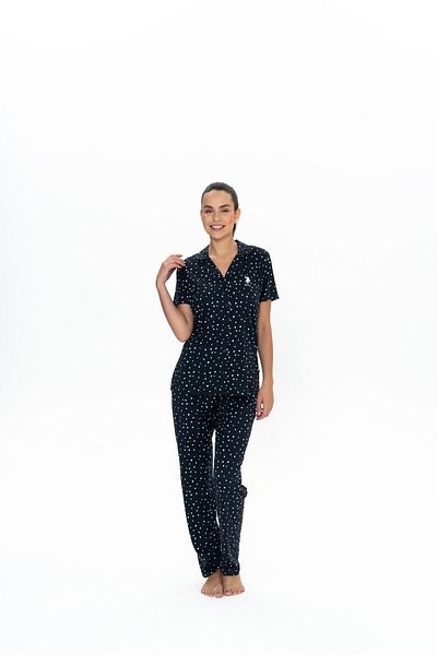 U.S. Polo Assn. Set de pijamale pentru femei, licențiat, USPA, 50% bumbac, 50% modal, (albastru închis), cu plăcuță, cu nasturi în față