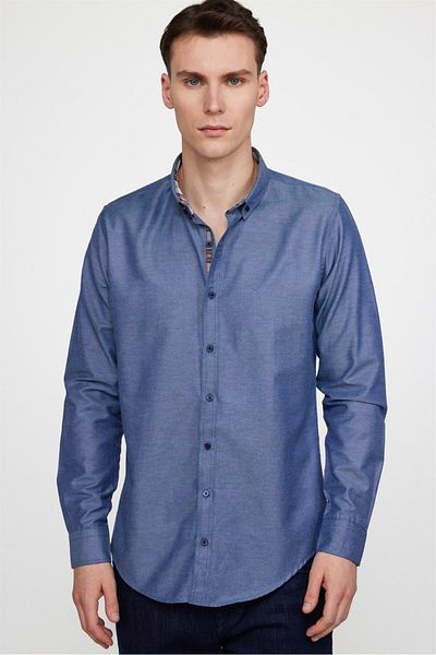 Tudors Navy Blue ανδρικό πουκάμισο Oxford - λεπτή εφαρμογή, μακρύ μανίκι, γιακάς με κουμπιά