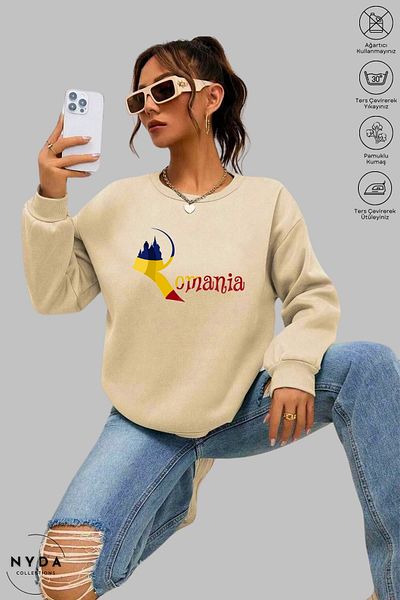 Nyda Collections Unisex μακρυμάνικο φούτερ με στάμπα Ρουμανίας με λαιμόκοψη χωρίς κουκούλα