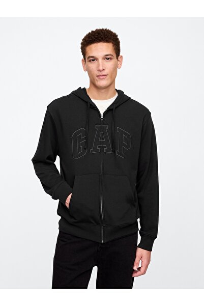 GAP Erkek Siyah Logo Fermuarlı Fransız Havlu Kumaş Sweatshirt
