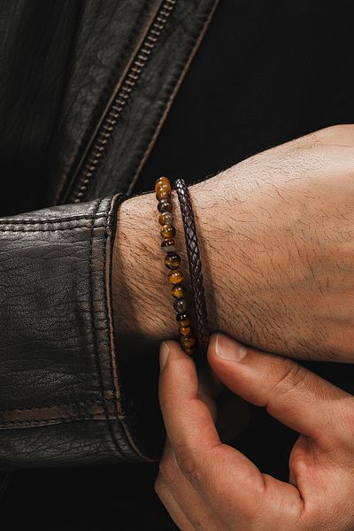 OSMANLI GÜMÜŞ Natural Stone Detailed Leather Eye and Wrist Bracelet Dbltprkplng