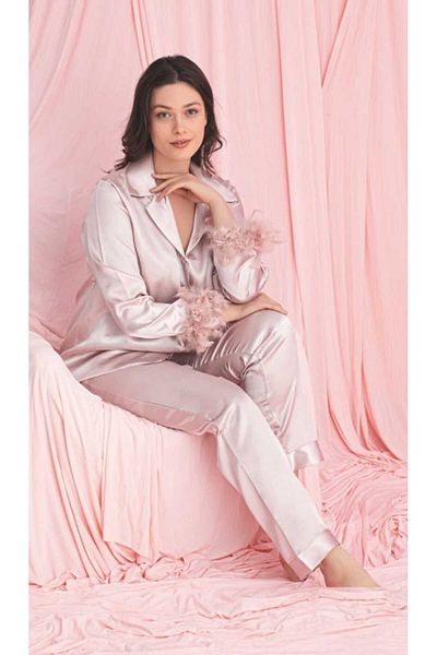 SATTENS Silky Satin Pajama Suit with Otrish Feather on the Sleeves