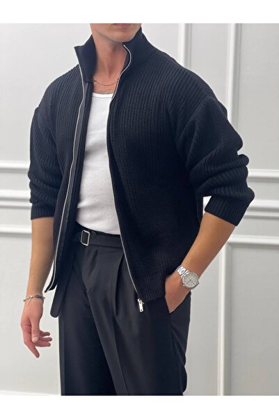 MODEFENDİ Erkek Siyah Örgü Desenli Yarım Oversize Yarim Balikçı Yaka Fermuarl...