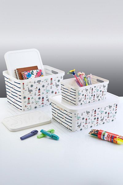 Smartware Set of 3 Stafi Patterned Box with Lid Marine (4.5-12-18 Lt)