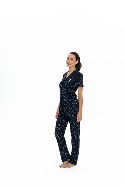 U.S. Polo Assn. Set de pijamale pentru femei, licențiat, USPA, 50% bumbac, 50% modal, (albastru închis), cu plăcuță, cu nasturi în față