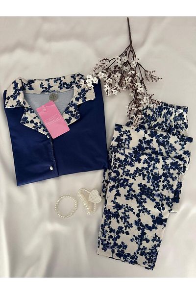 MH Moony Homewears Детайлен комплект мека пижама с тъмносиня яка от 2 части