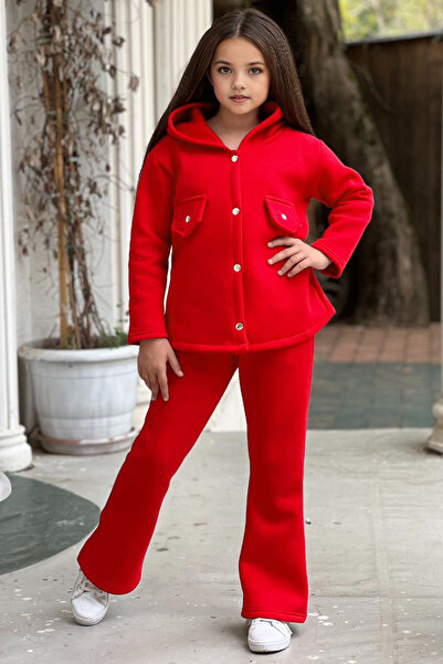 CC STORE 3 Iplik Şardonlu Kışlık Bol Paça Alt Üst Kız Çocuk Eşofman Takımı Çıtçıtlı Polarlı