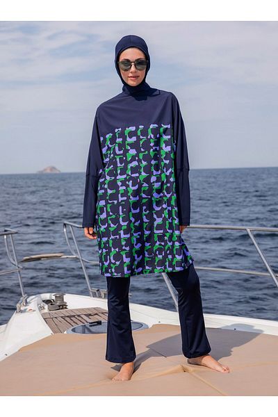 Mayo Bella Μαγιό Hijab με μοτίβο με νυχτερίδα - Navy Blue - Μαγιό Bella