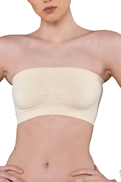 cottony.store Skin Color Seamless Knitted Model Strapless Crop Top Seamless B...