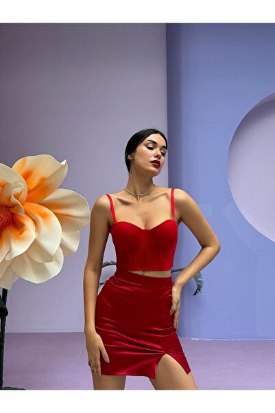 Kübra Tekstil Women's Glitter Patterned Supported Red Bustier Set, Thong Red Underwear, Bralet Set