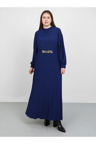 ALİA Plus Size Pleat Detailed Belted Aerobin Dress - Navy Blue - Alia