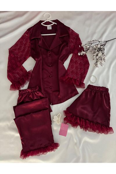 MH Moony Homewears Set de 5 pijamale din satin burgundy și zestre - Detaliu cu mâneci din dantelă
