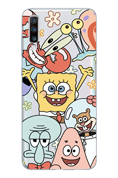 moonset Samsung Galaxy A70 Uyumlu Sünger Bob Tasarımlı Baskılı Şeffaf Telefon...