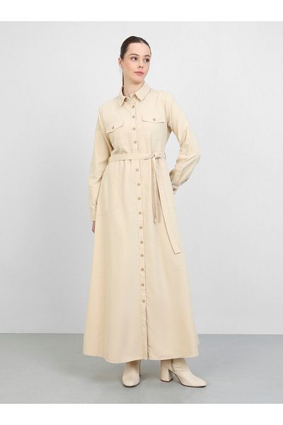 Refka Φόρεμα Hijab με τσέπη και λεπτομέρεια ζώνης Poplin - Μπεζ - Refka