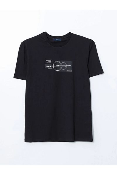 LC Waikiki Ανδρικό μπλουζάκι LCW ECO μαύρο με λαιμόκοψη με κοντό μανίκι με στάμπα από βαμβακερό βαμβάκι
