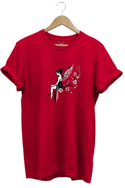 WİDİ Fairy Girl Printed Stylish Sweet 100% Cotton Regular Fit Crew Neck Red T-Shirt