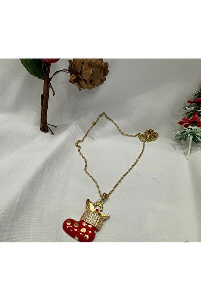 stainless steell Zirkon Taş ve Kırmızı Botlu Yılbaşı Kolyesi
