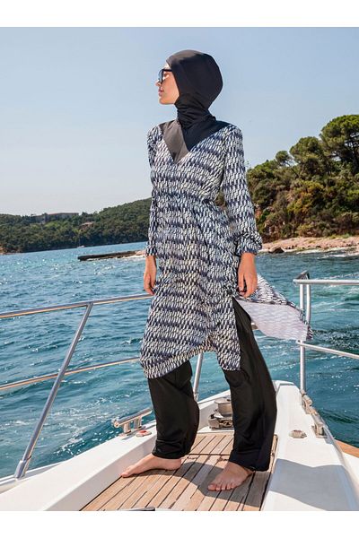 Mayo Bella Patterned Hijab Swimsuit with Adjustable Stoppers - Black - Beige - Swimsuit Bella